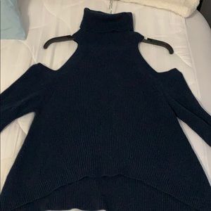 Ribbed cold shoulder turtleneck sweater